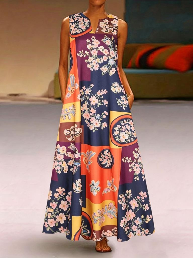 Retro Floral Color Matching Printing V-neck Sleeveless Loose Pendulum Long Dress