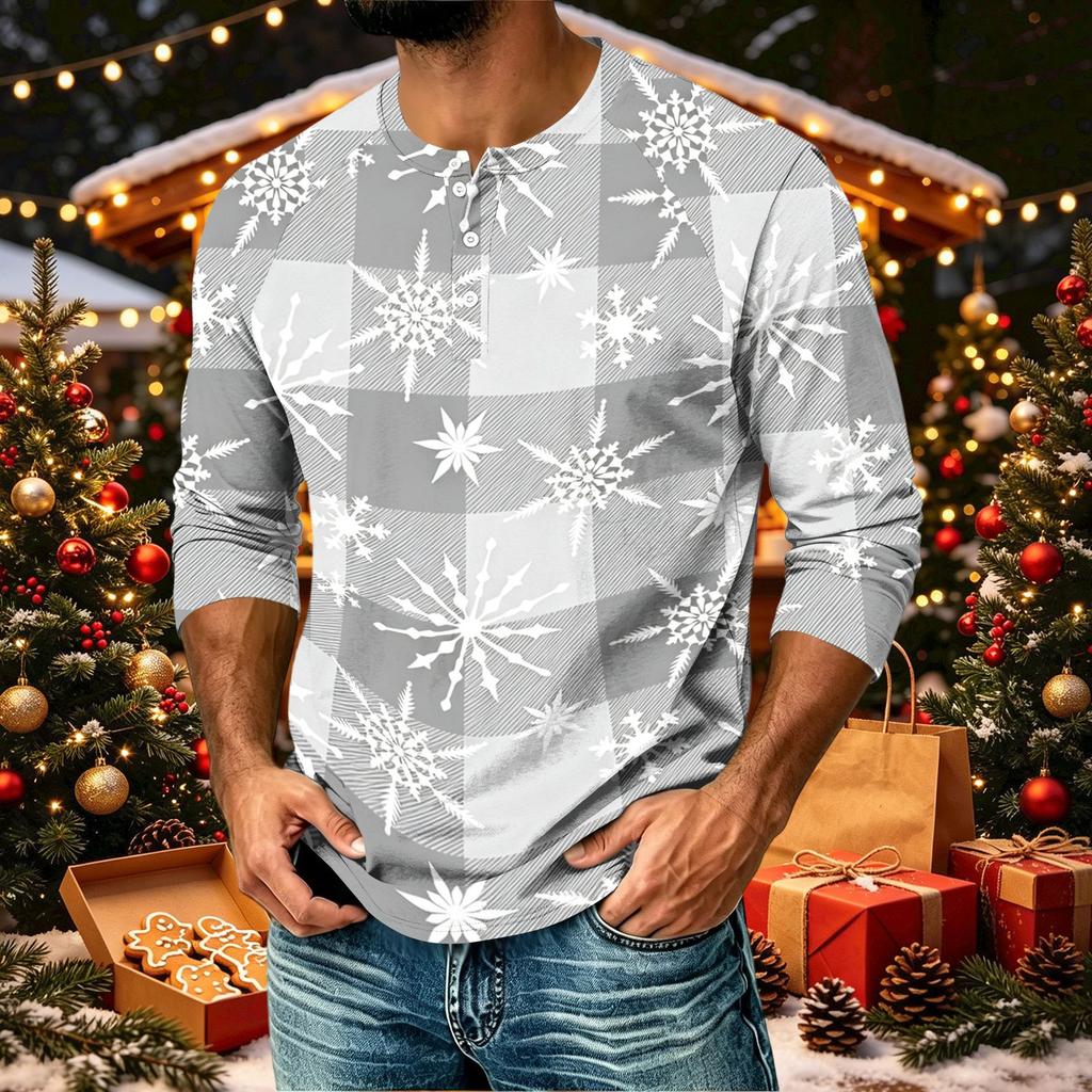 Men's Casual Shirt with Raglan Three-Quarter Length Sleeves Christmas Print Pullover