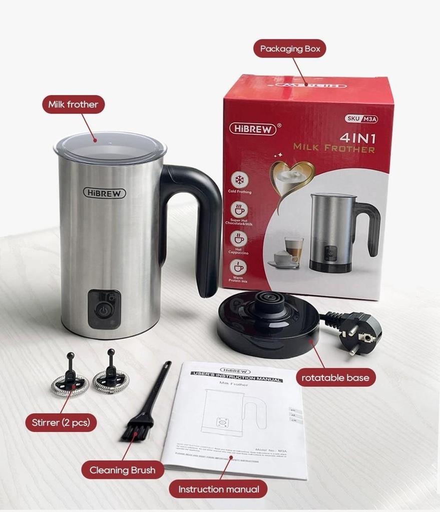 HiBREW M3A 4v1 napěňovač mléka, plně automatický ohřívač mléka, napěňování za studena/horká, kapacita napěnění 130 ml