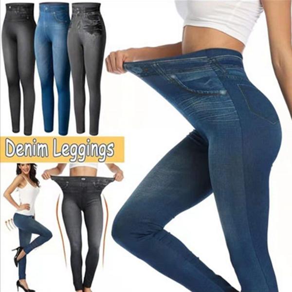 Shop Fake Pockets Drawstring Faux Denim Bottom Seamless Yoga Pants