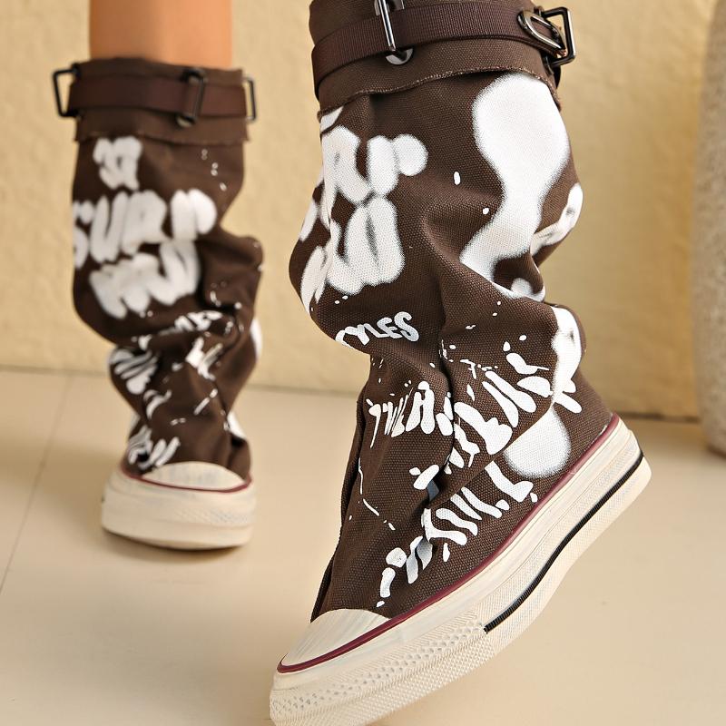 Graffiti 2026 New High Top Canvas Shoes Women's Spring Boots Wide Barrel Mid Barrel Boots 2026 New Trouser Barrel Stacking Boots