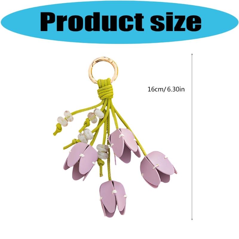 Elegant Tulips Shaped Leather Keychain With Beaded Accent For Bags And Keys Stylish Accessory Gift