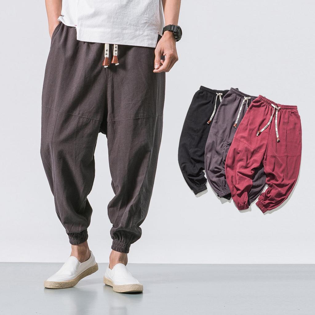 2022 Men's Loose Linen Ankle-Length Drawstring Trousers - Youthful Spring/Summer Style, Plus Size, Solid Color.