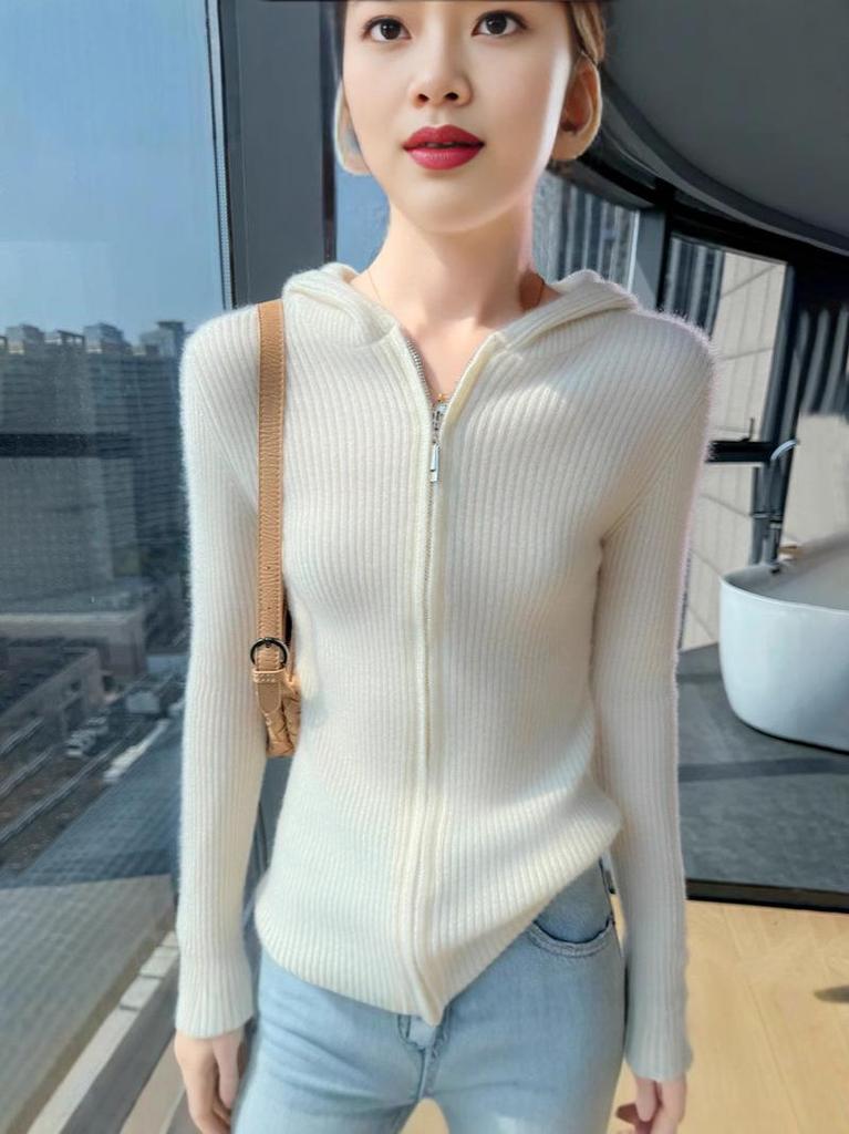 Women's Slim Fit Cashmere Wool Hooded Cardigan - 100% Pure Wool, Zippered, Autumn/Winter Knit Sweater Coat