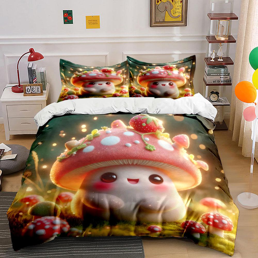 Cute Mushroom Trio Home Decoration Bedding Set With 1 Duvet Cover 2 Pillowcases Single Double King Queen, Gift
