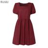 ZANZEA Women Casual Square Collar Summer Short Sleeve Grid Print Dress