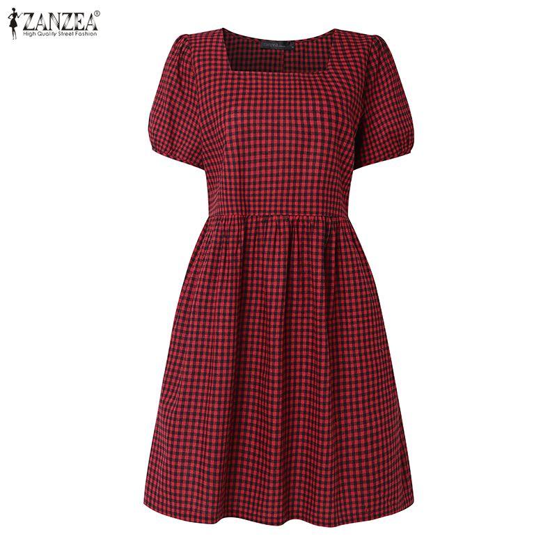 ZANZEA Women Casual Square Collar Summer Short Sleeve Grid Print Dress