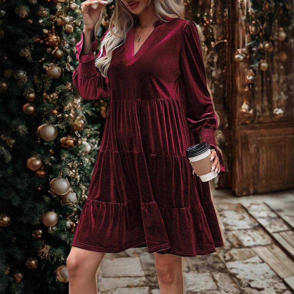 Women's Long Sleeve Velvet Christmas Dress - Autumn Winter New Collection with Elegant Shirred Detail