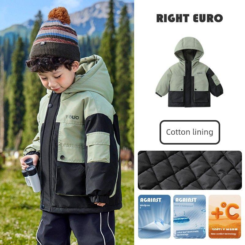 Boys  Padded Cotton Jacket Winter Thickened Clothing Children s Toddler 2025 New Autumn and Winter Hooded Top Light Gray Green and Black 90cm
