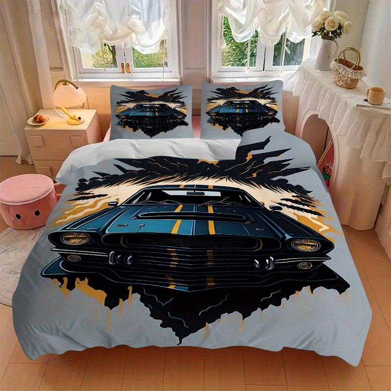 3pcs Muscle Car Racing 1Cover + 2Pillowcases, PillowInserts NotIncluded, Machine Washable, All - Season Use, Suitable for Bedroom Guest Room, 202