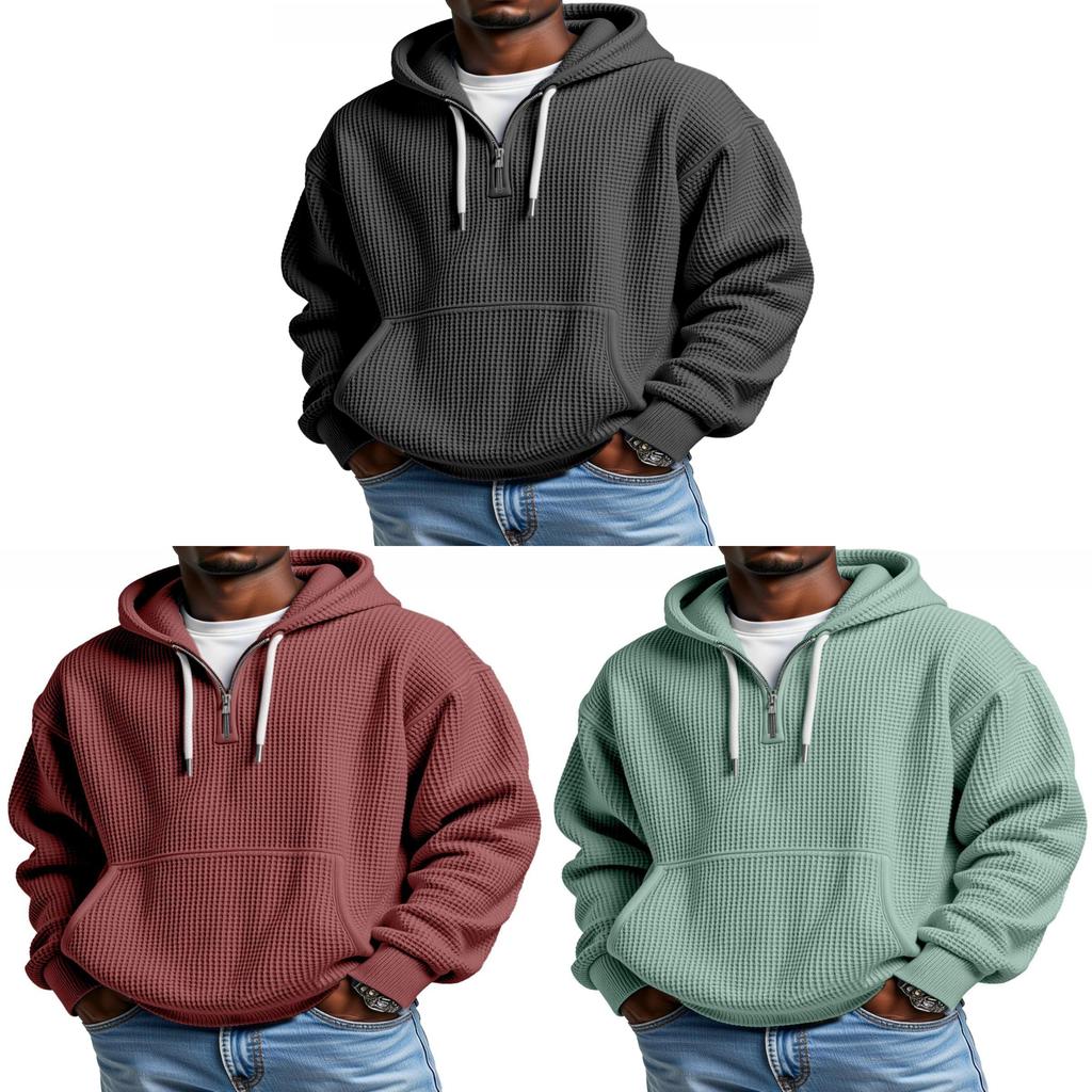 Fall Winter Fashion Mens Hoodie With Waffle Knit Fabric For Casual Streetwear