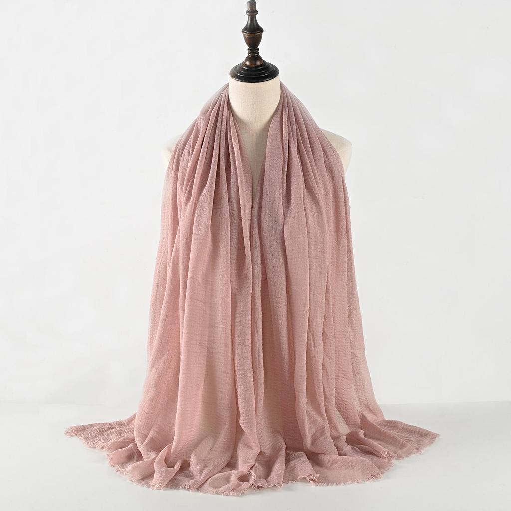 Crinkled Cotton-Linen Blend Scarf with Fringe - Solid Color, 90x180cm, Women's Headscarf