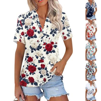 Women's Fashion Casual Lapel Short Sleeve Print Shirt Women's V-Neck Tops