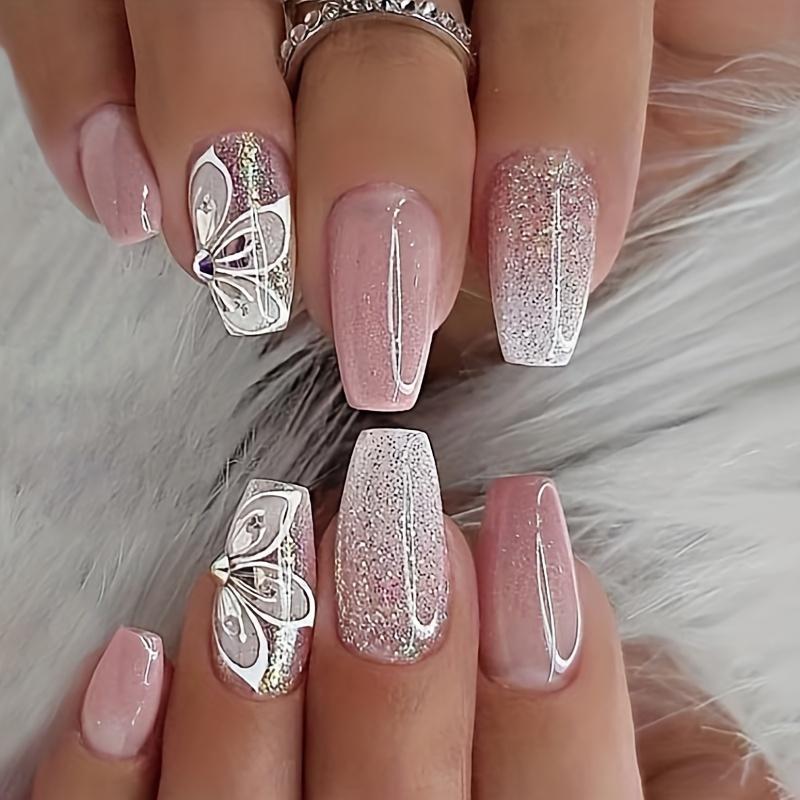 

Pink White Gradient Press On Nails | Flower Shiny Rhinestone Medium Coffin Ballet Glue On Nails Set With Adhesive Tabs Nail File For Women Pink French