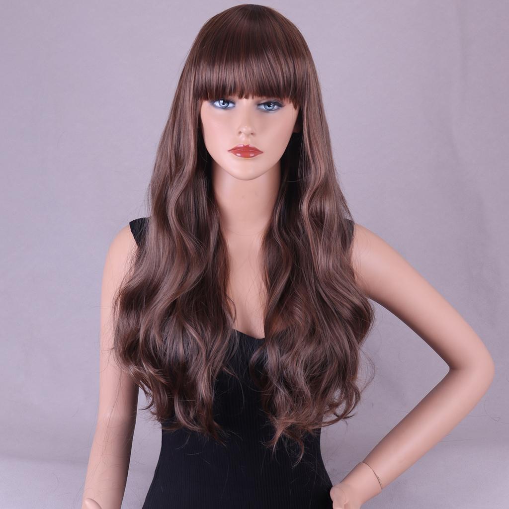 26 Inch Long Curly Full Wigs with Bangs Natural Looking Breathable Wigs for Photography Stage Movie Hair