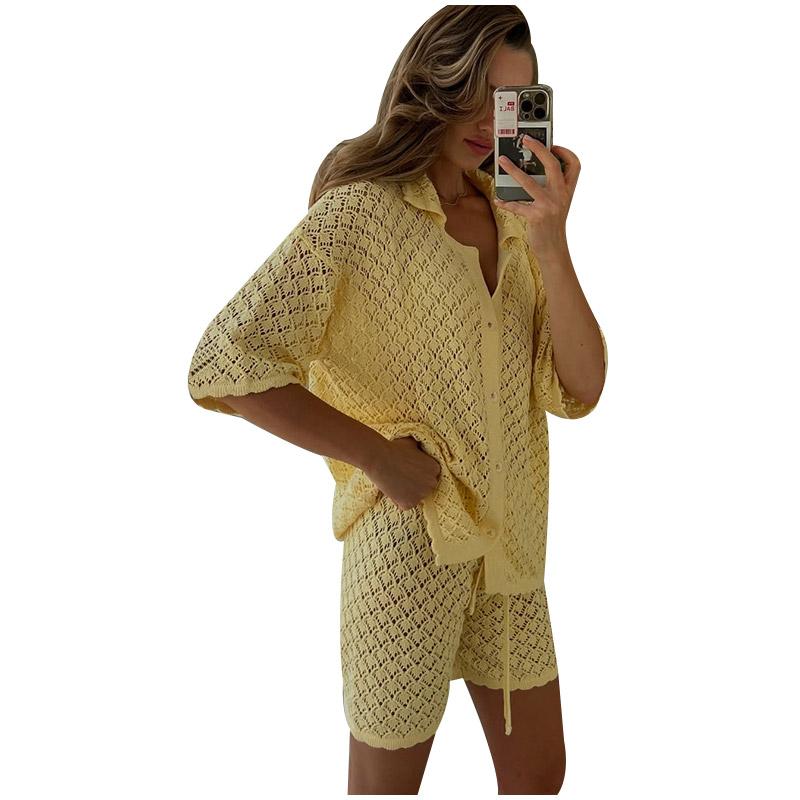 Women's Knitted Hollow Cardigan Shorts Set for Summer New Style Casual Loose Fit Solid Color Versatile Daily Commuting Women's Knitted Set