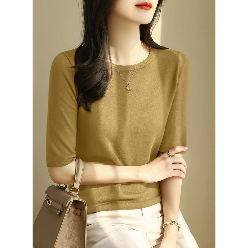 

Autumn Crew Neck Knitting Women s Clothing Loose Classy Bottoming Shirt Mustard yellow [middle sleeve Knitting]] XL