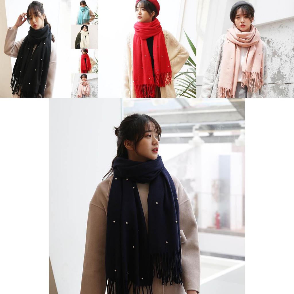 Women Elegant Knitted Solid Scarf With Pearls And Long Tassels For Winter Warmth