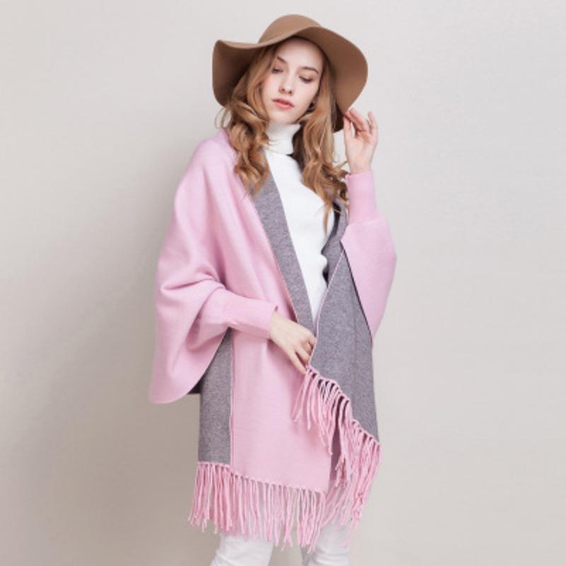 Women'S Double-Sided Shawl, Scarf, Dual-Purpose Fringed Thickened Long-Sleeved Cashmere-Blend Cape Jacket