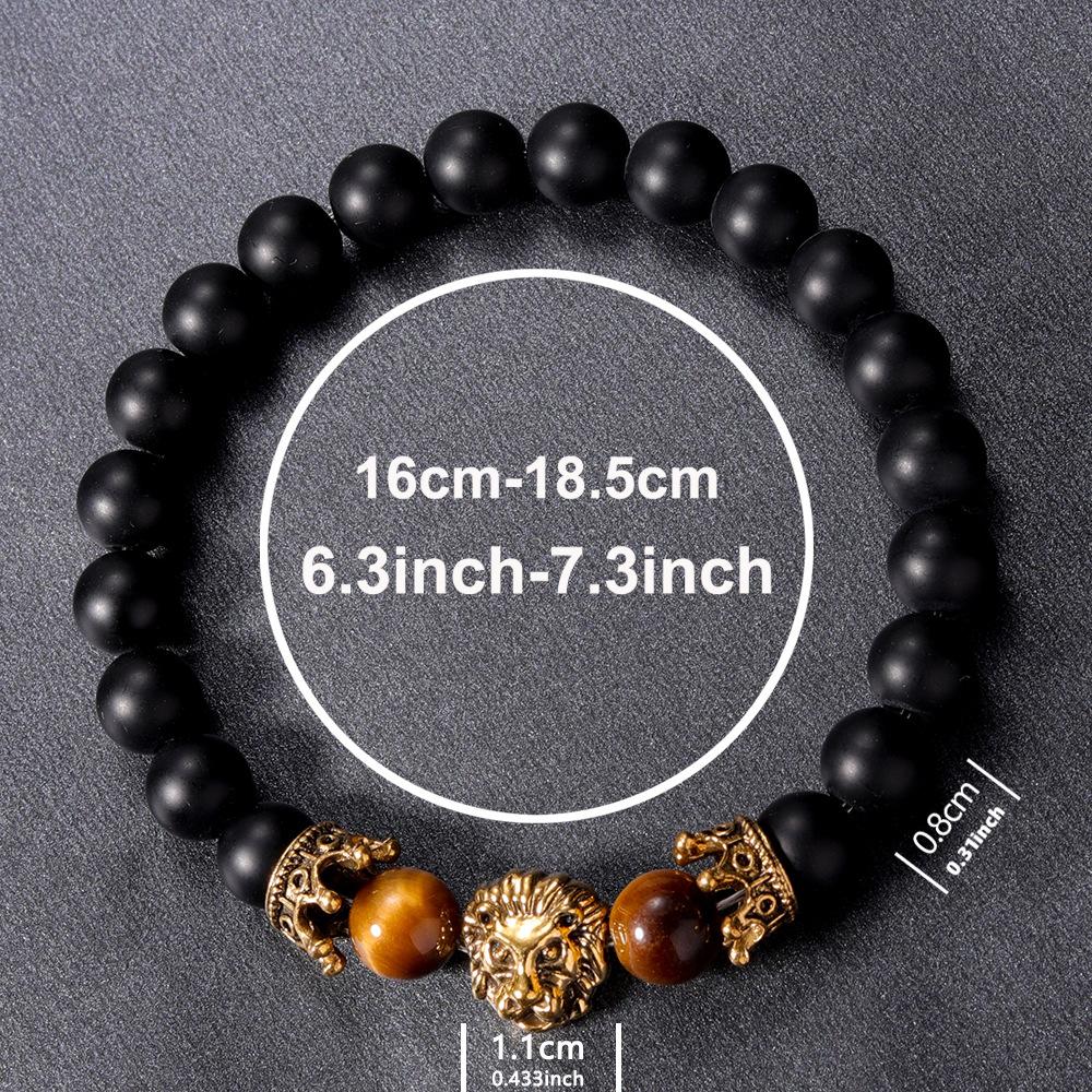 Festive Gifts Black Matte Onyx Tiger Eye And Gold Lion Head Beaded Bracelet Bold Fashion Jewelry For Men Daily Wear Simple Versatile Accessory