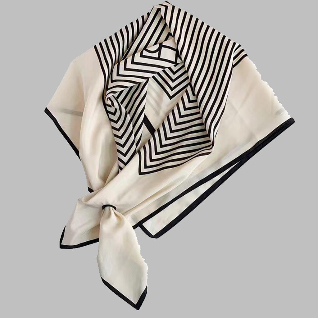 Nordic style tot silk double crepe square scarf niche simple black and white striped silk scarf