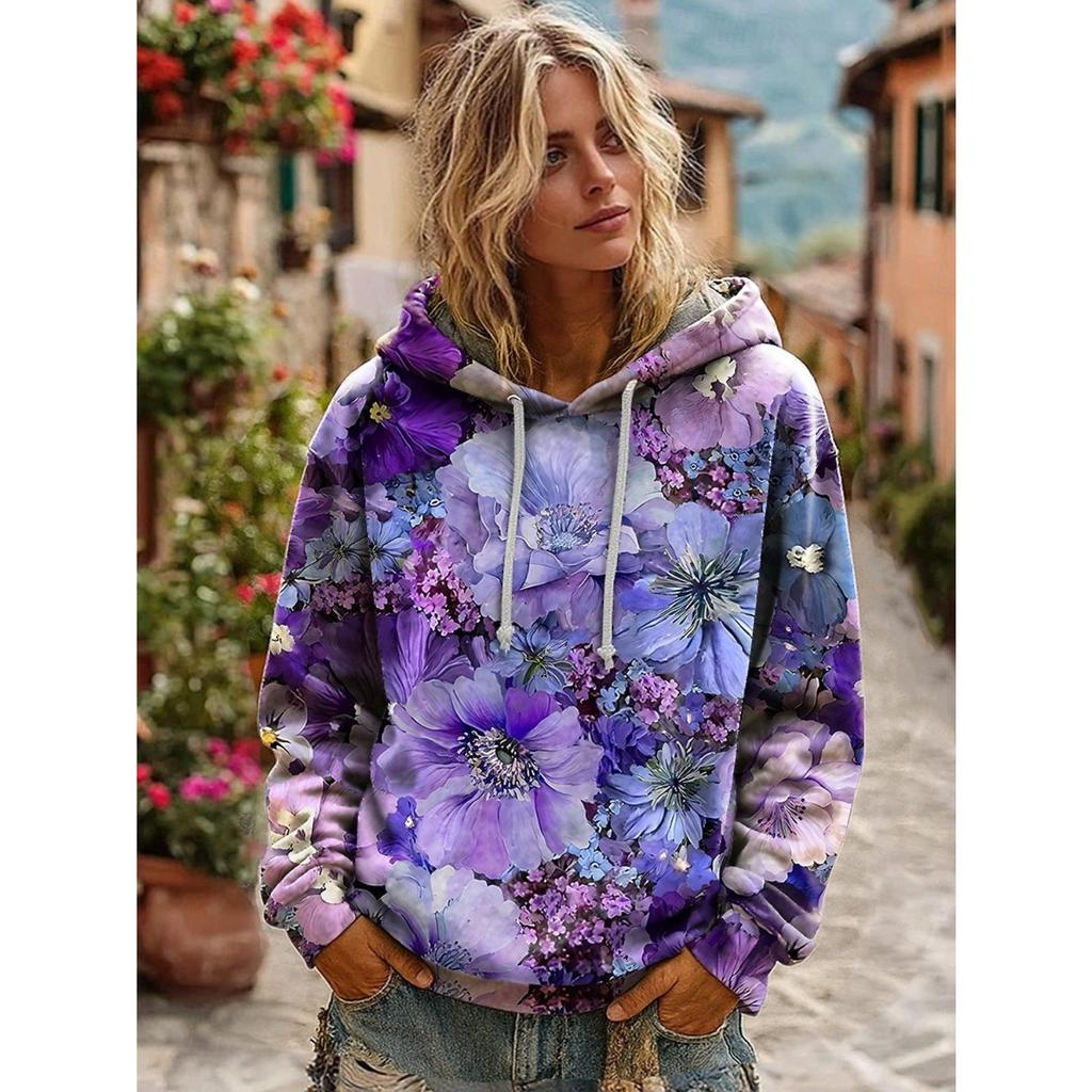 Women's Hooded Long Sleeve Printed Sweatshirt Loose Fit Casual Pullover Top