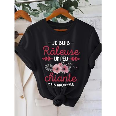 Entzückendes Aisles Damen Freizeit-T-Shirt mit kurzen Ärmeln und Rundhalsausschnitt Französisches Zitat Blumendesign Schwarzes Freizeit-Damenoberteil