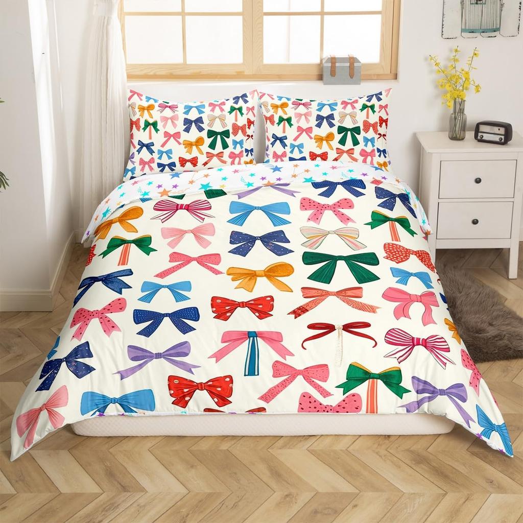 Bowknot Decoration Soft Duvet Cover Set Twin Double Sized Dimensions for Young Girls Dreamy Princes Style Children Kids Beding Set Kawai Bow Warm