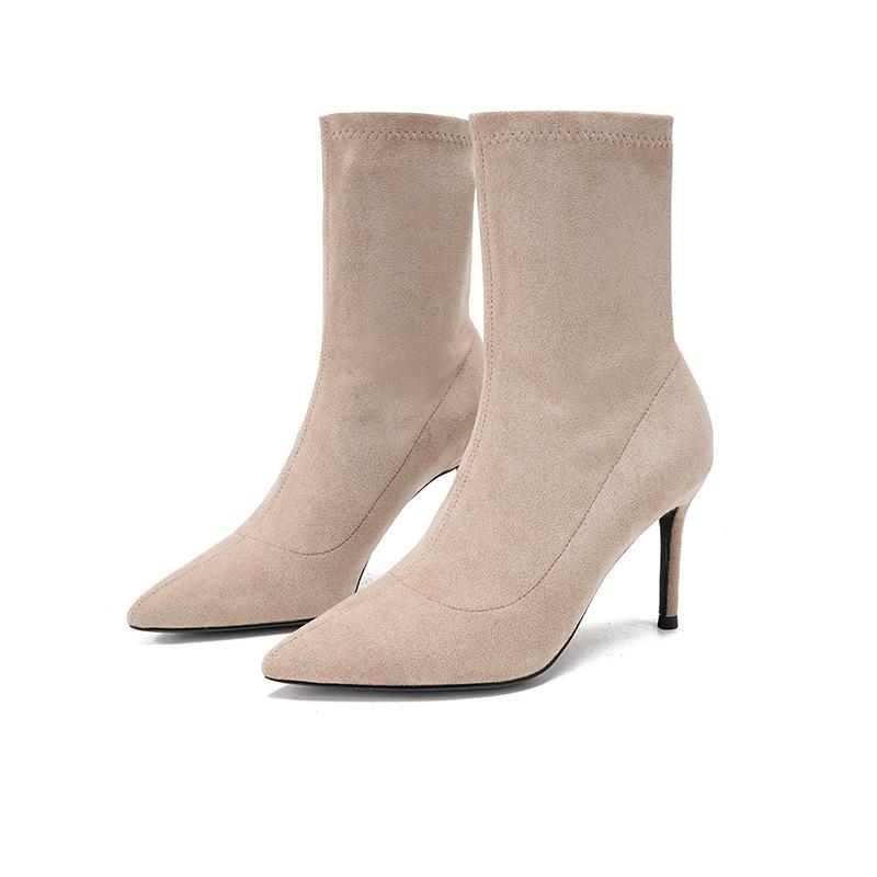 Autumn and winter new black high-heeled short boots women's elastic thin boots thin heel pointed versatile short tube apricot single boots