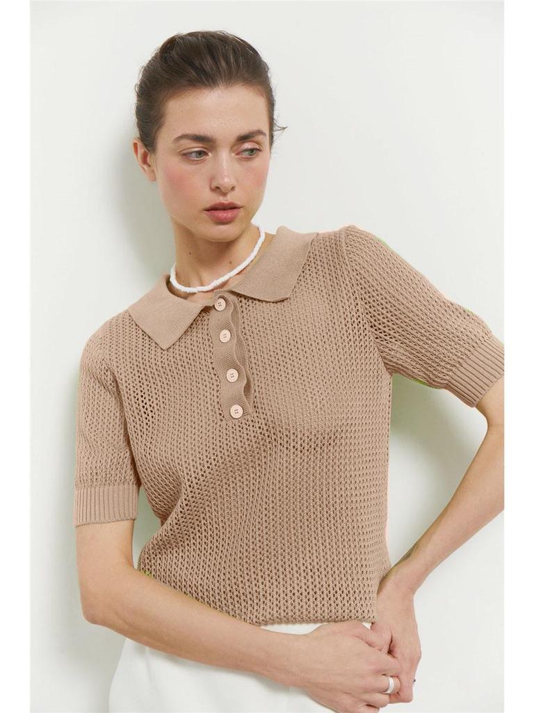 Women's 2025 Summer See-Through Short-Sleeve Knitted Top with Turn-Down Collar