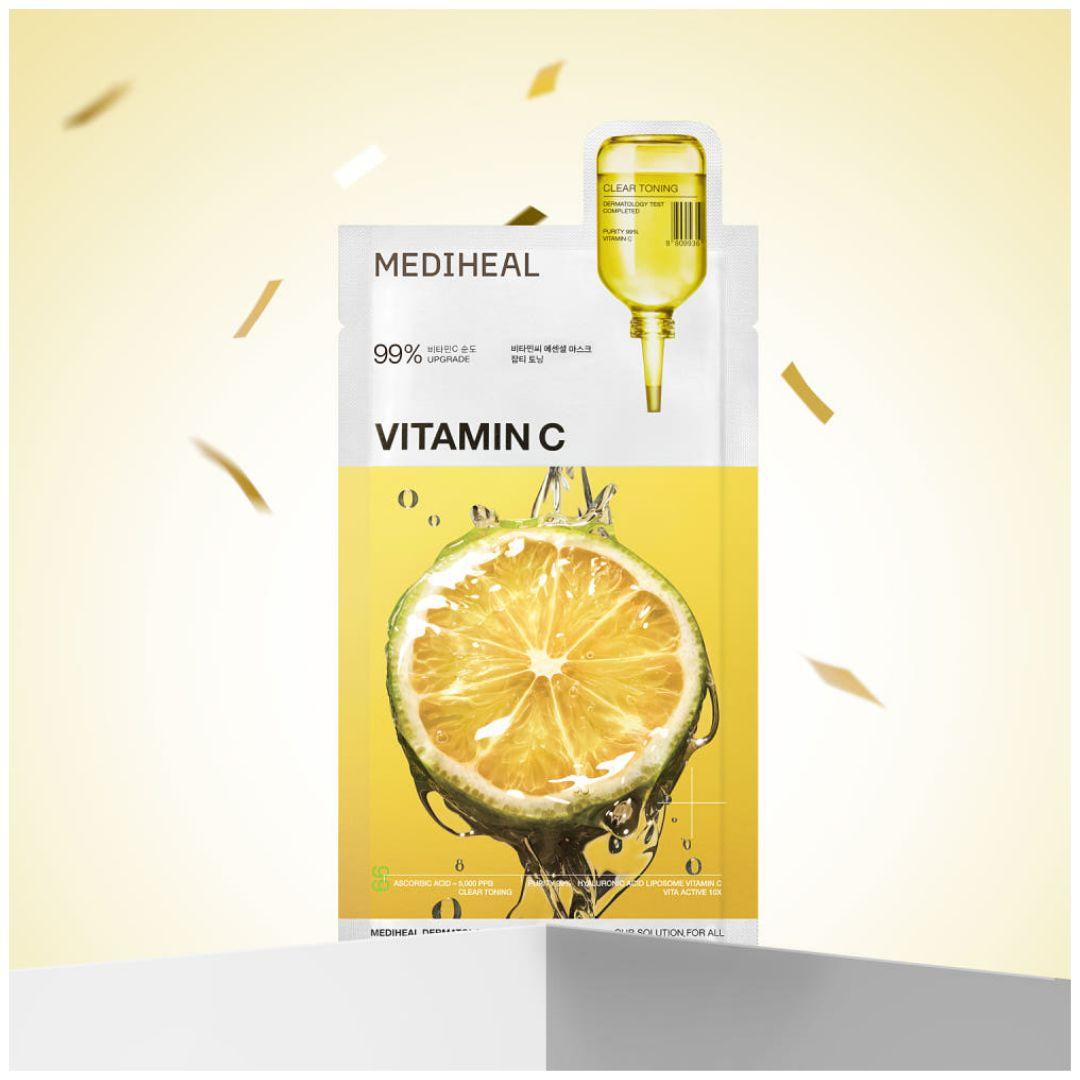 MEDIHEAL Essential Mask Vitamin C Clear Toning Brightening Sheet Mask 10 Sheets (24ml × 10) 1 Box (10 Sheets)