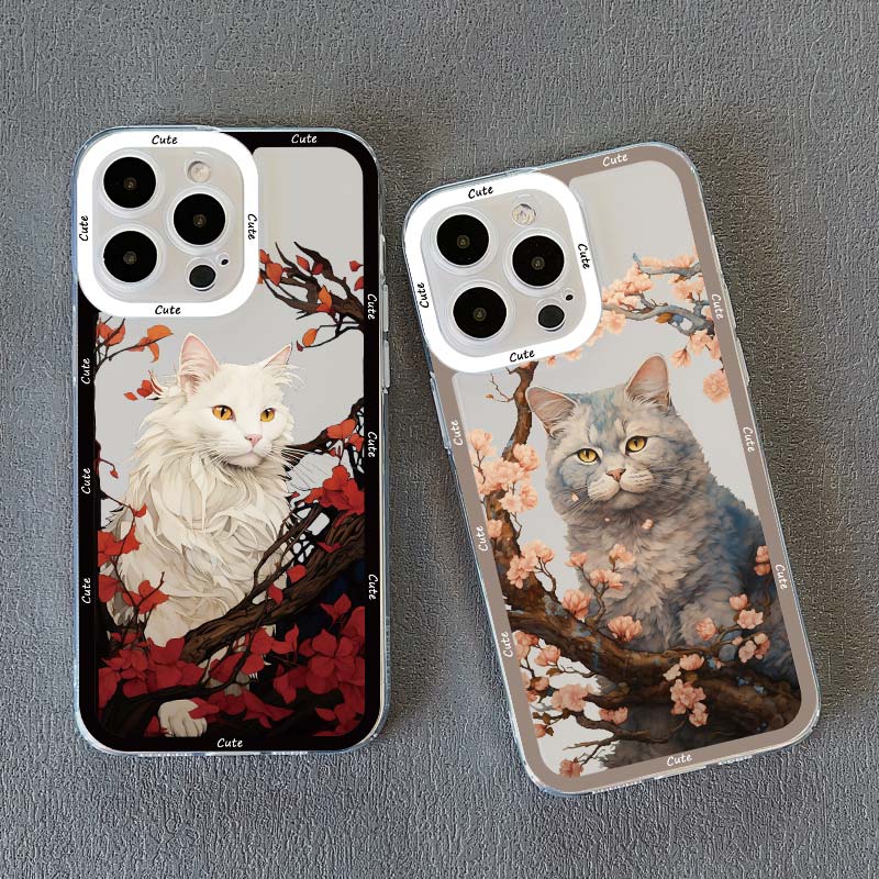 Painted Plum Blossom Flower Cat Clear Phone Case For iPhone 11 12 13 Pro Max 14 15 Pro Max Plus XS XR X Transparent Back Cover