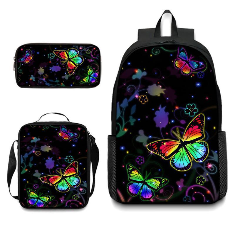 Set Zaino Scolastico con Fantasia Farfalle in Tessuto Oxford Leggero per Studenti Elementari