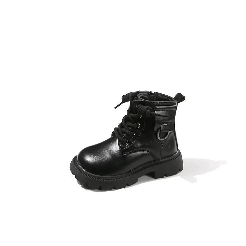 Boys Girls Ankle Boots Handsome Casual Kids Short Boots with Side Zipper 2024 New Children Leather Boots with Metal Decoration