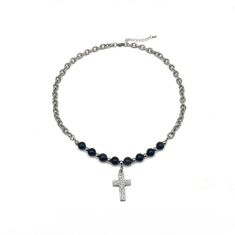 Retro Black Cross Pendant Necklace With Titanium Steel Chain For Street Style Jewelry