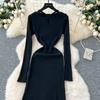 Autumn Winter Women V-neck Full Sleeve Casual Knitted Pullover Sweater Long Midi Dresses