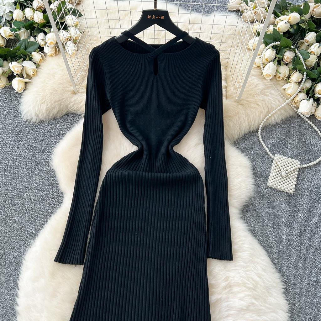 Autumn Winter Women V-neck Full Sleeve Casual Knitted Pullover Sweater Long Midi Dresses