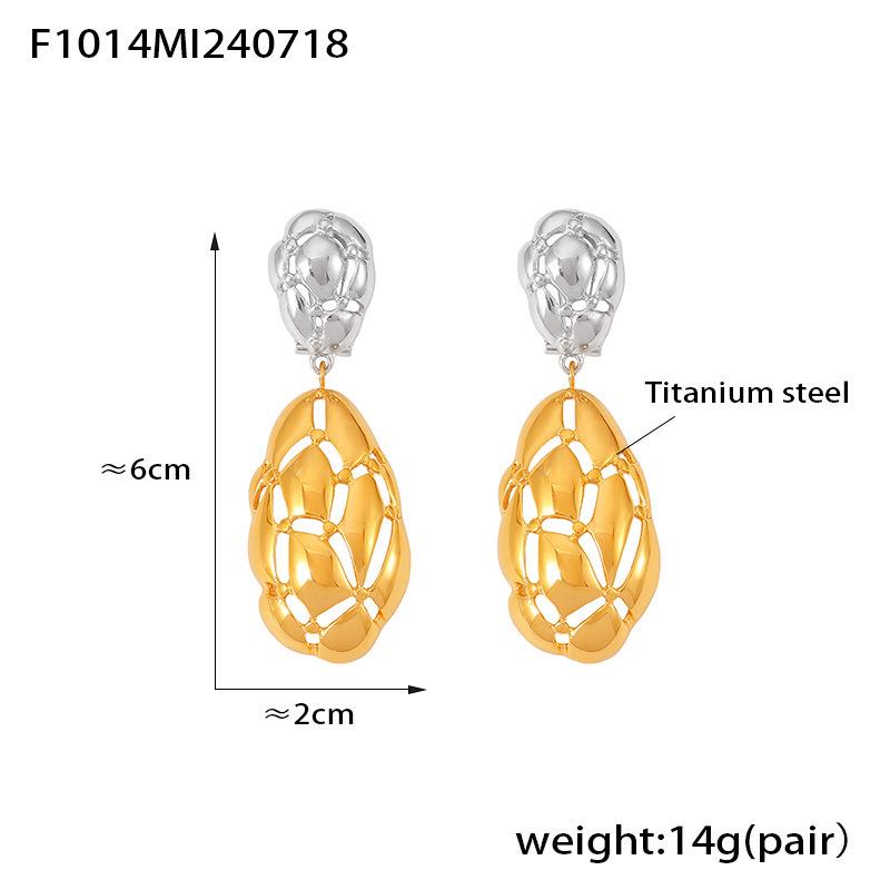 European Style Irregular Color Block Oval Hollow Earrings, 18K Gold-Plated Titanium Steel, Retro Design for Women