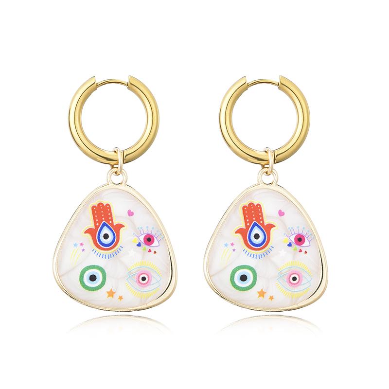 Trendy Colorful Eye Heart Star Pattern Stainless Steel Hoop Earrings Woman Vintage Geometric Enamel Gold Color Female Zircon