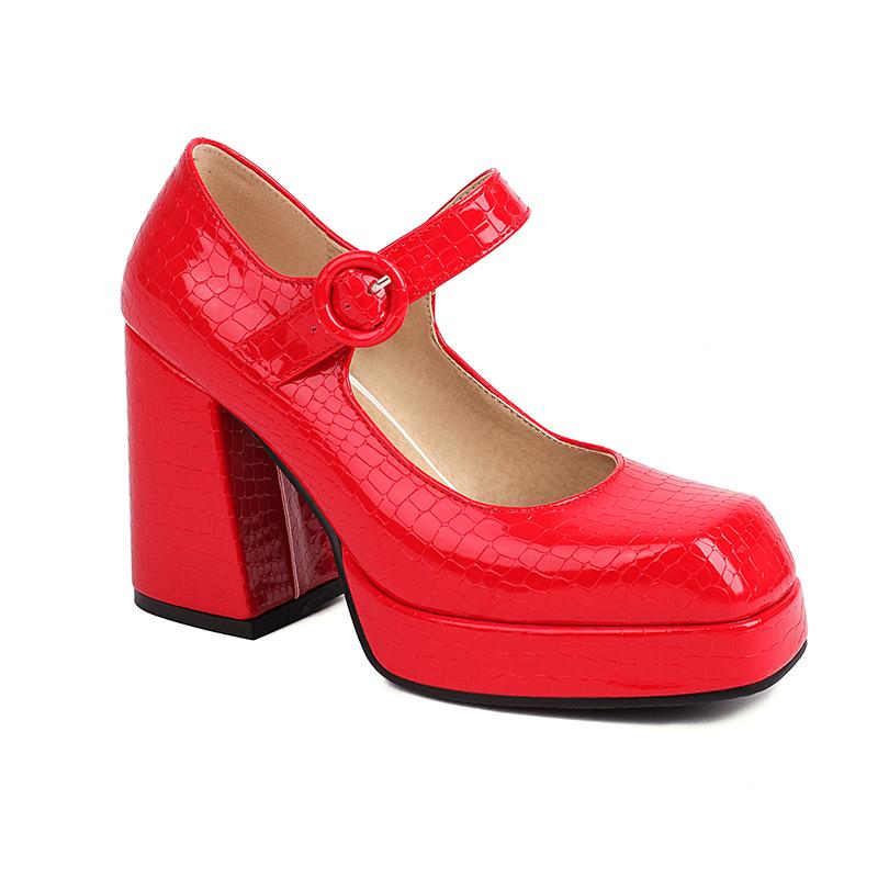 

Большой размер Гингем Глянцевая лаковая кожа материал Неглубокая круглая пряжка Женские туфли-лодочки Квадратный носок Платформа Толстый каблук Высокие каблуки 41