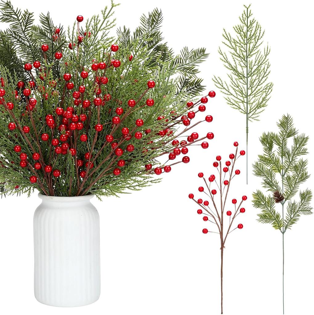 30 Pcs 16 Inch Artificial Christmas Pine Branches with Berries & Pinecones for Tree, Vase, Wreath, Garland DIY