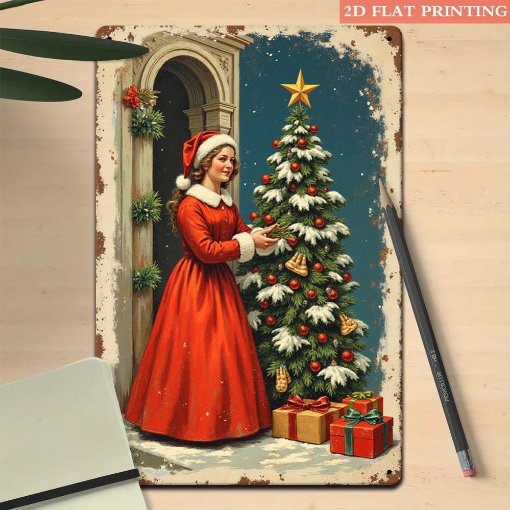 Vintage Christmas Tree Metal Sign with Holiday Scene Perfect for Living Room Decor Home or Gift Retro Christmas Decoration