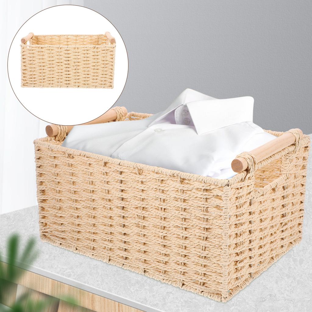 Handcrafted Woven Storage Basket with Handle Natural Wood Iron Paper Rope Desktop Organizer for Living Room Bathroom Kitchen