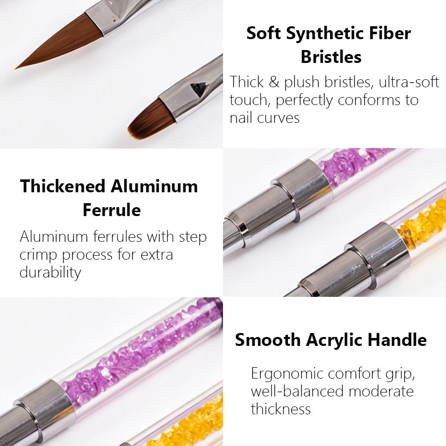Double Ended Nail Art Brushes Rhinestone Handle, Flat Head Gel & Carving Sculpting Pen for Nail Extension Manicure