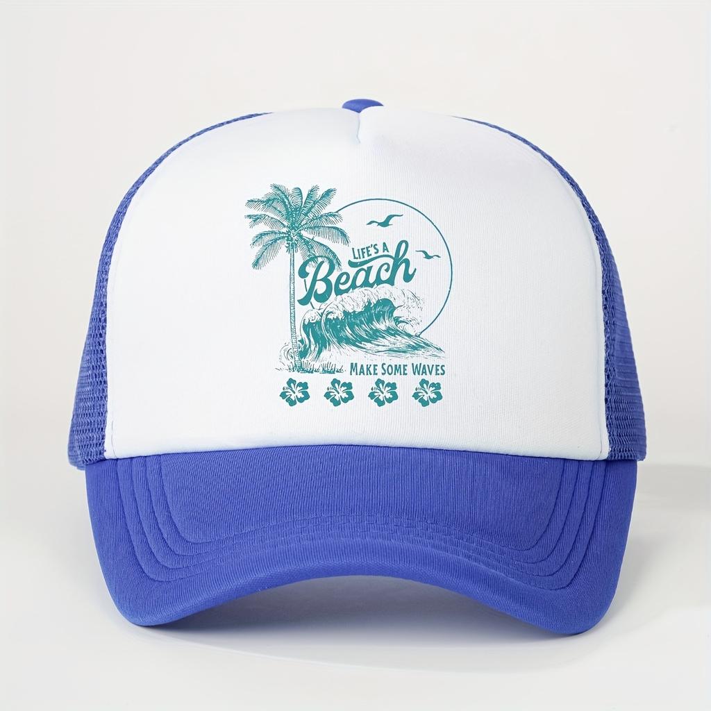 Lifes A Beach Palm Wave Print Trucker Hat Breathable Mesh Adjustable Casual Couple Summer Cap
