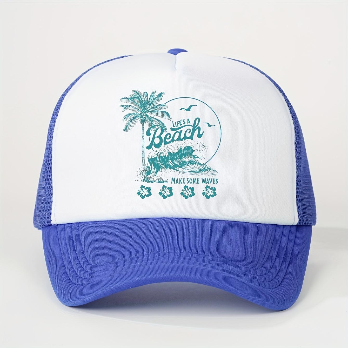 

Lifes A Beach Palm Wave Print Trucker Hat Breathable Mesh Adjustable Casual Couple Summer Cap One Size