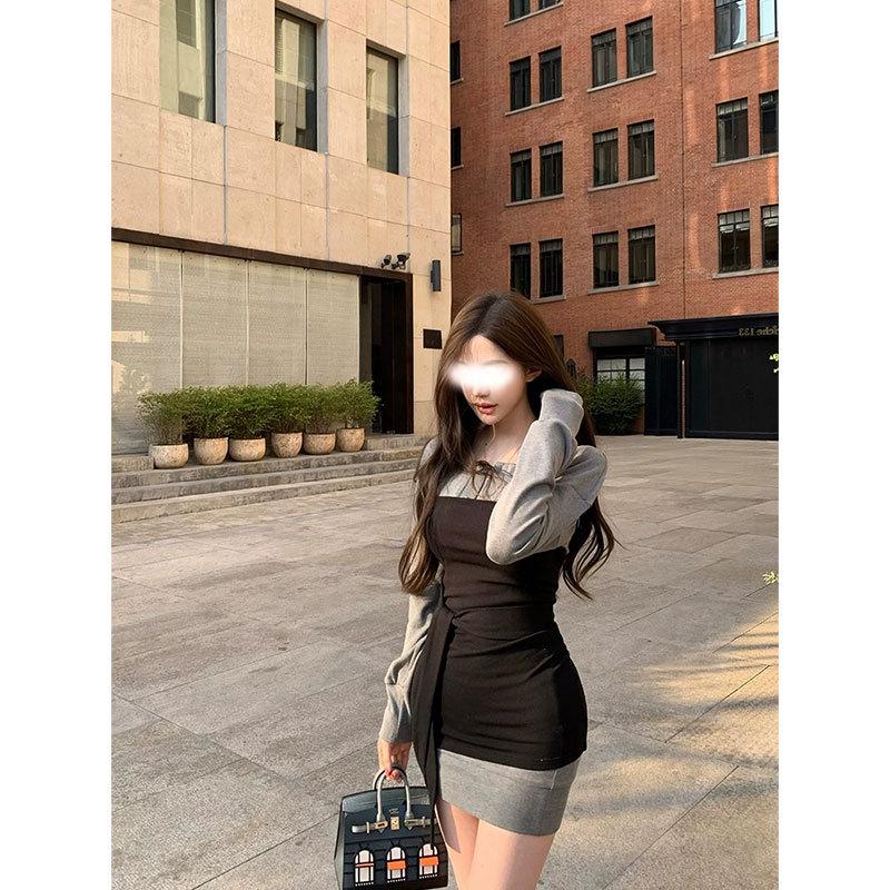 Chill Qiao'er Korean Style Model-Inspired Waist-Cinching Color Block Dress Set