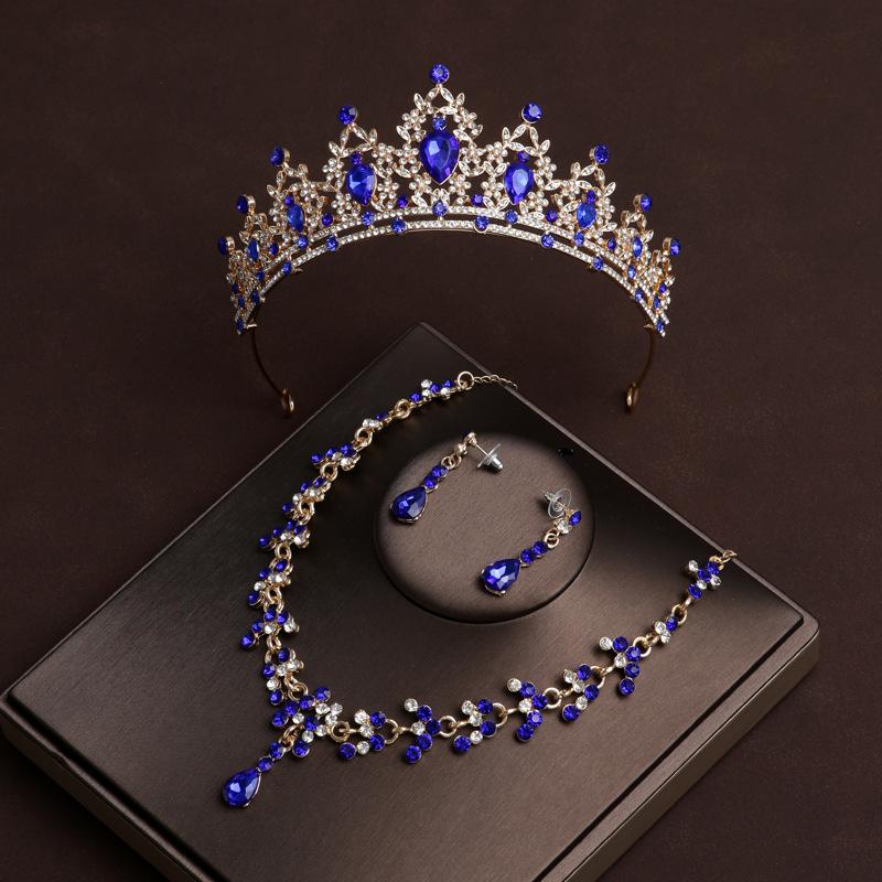 Blue Diamond Crown Bridal Headwear Main Wedding Necklace Three Piece Crown Set