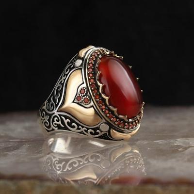 Trendy Handmade Middle East Arabic Turkish Signet RingS For Men Ancient Copper Color Red Garnet Stone Flame Ring Wedding Jewelry