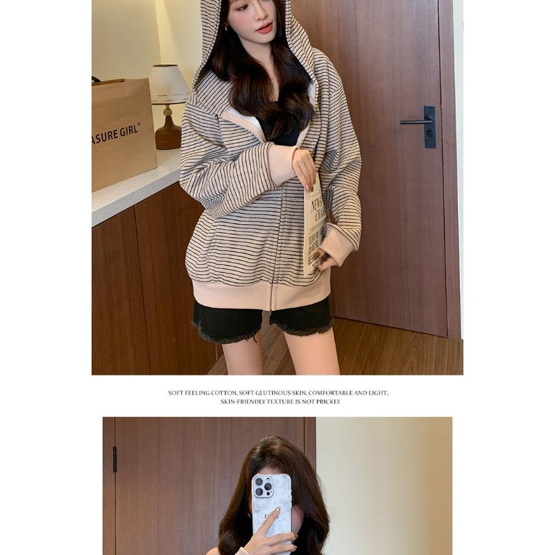 Women S Striped Zip Up Loose Fit Hooded Sweatshirt